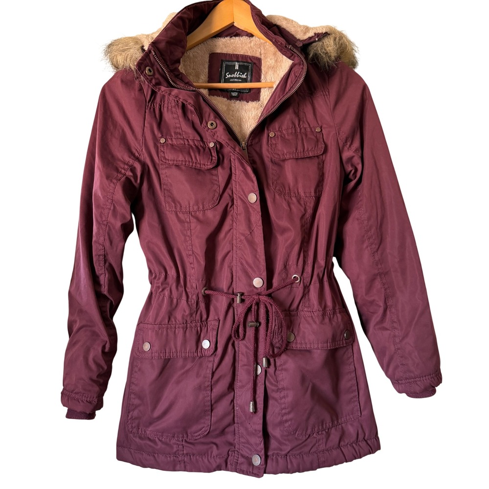 Snobbish Collection Anorak Parka Faux Fur Hood Sherpa Lined Small Burgundy